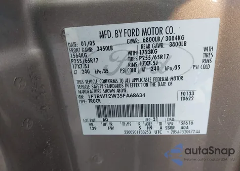 2005 Ford F-150 Xlt из США, поврежденный, VIN 1FTRW12W35FA68634